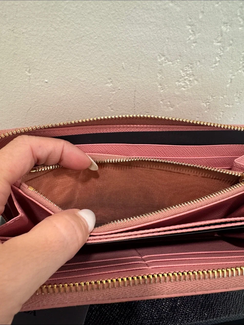 Prada Pink Saffiano Zip Wallet with Gold Hardware